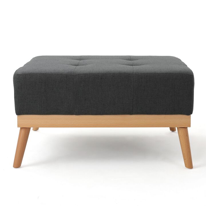 Ottoman, Tufted Dark Gray Fabric, Plush Cushion, Brown Wood, 32 Inch -Benzara