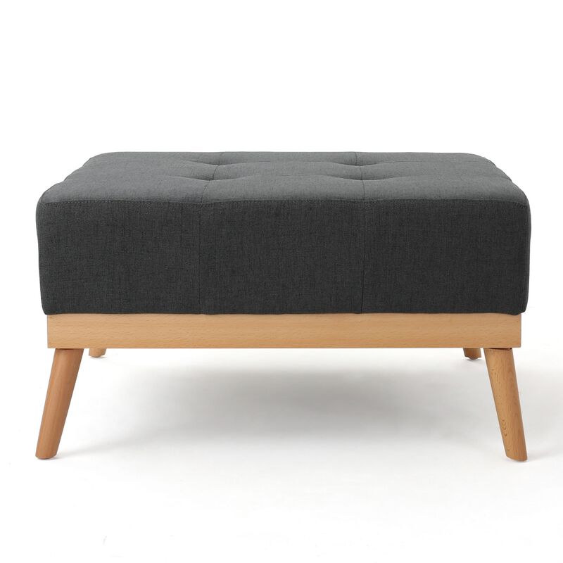 Ottoman, Tufted Dark Gray Fabric, Plush Cushion, Brown Wood, 32 Inch -Benzara