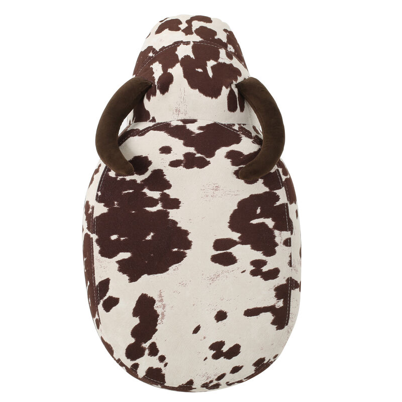 Massy Cow Kids Ottoman 25 Inches, Brown, White Velvet, Light Brown Horn - Benzara