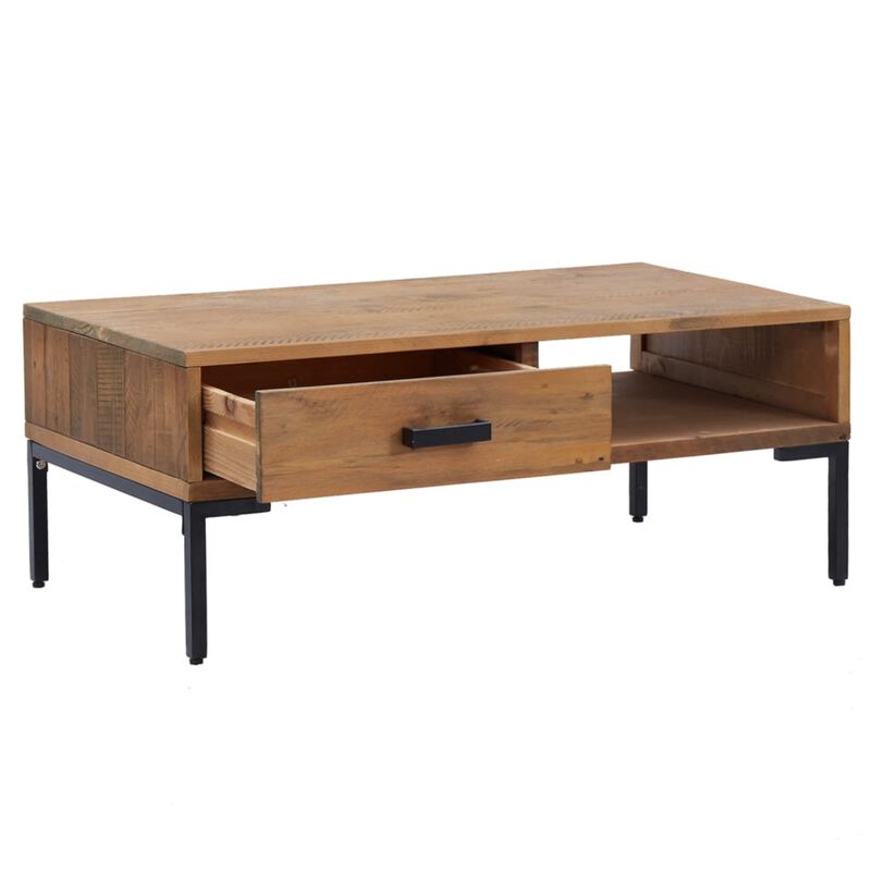 vidaXL Pine Wood Coffee Table | Solid and Sturdy Design | Ample Storage Space | Vintage Industrial Style | Metal Support Feet | 35.4"x19.7"x13.8" | Brown
