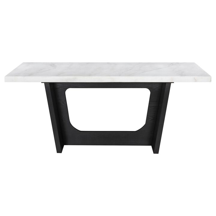 Shoy 72 Inch Dining Table, Rectangular White Marble Top, Trestle, Brown - Benzara