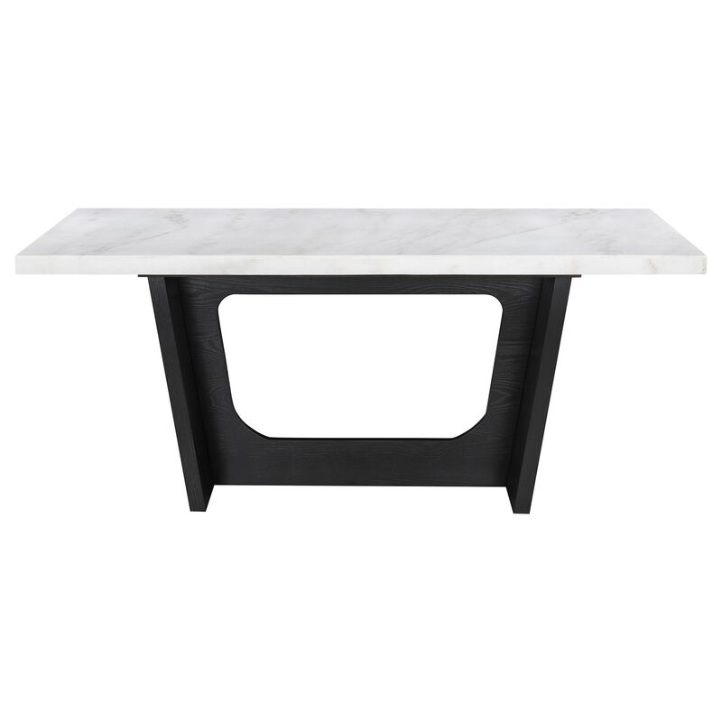 Shoy 72 Inch Dining Table, Rectangular White Marble Top, Trestle, Brown - Benzara