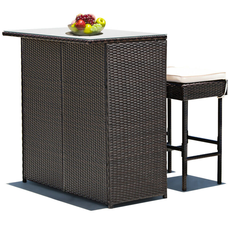 3PCS Patio Rattan Wicker Bar Table Stools Dining Set