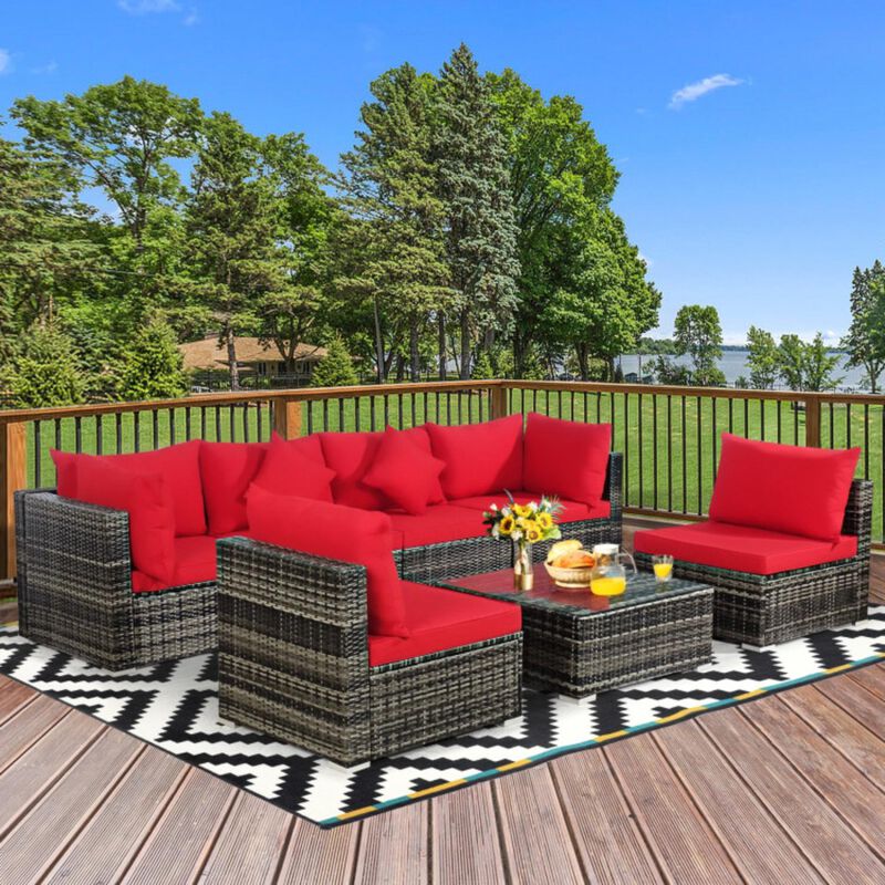 Hivvago 7 Pieces Patio Rattan Furniture Set Sectional Sofa Garden Cushion