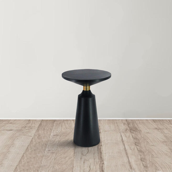 Fawn 20 Inch Side End Table, Black Mango Wood Round Top with Pedestal Base, Shiny Brass Support - Benzara