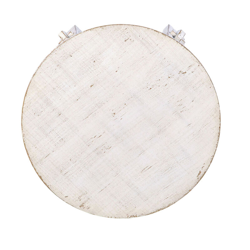 Rena Rustic Side End Table, X Legs, 24in Round, Distressed White Wood - Benzara