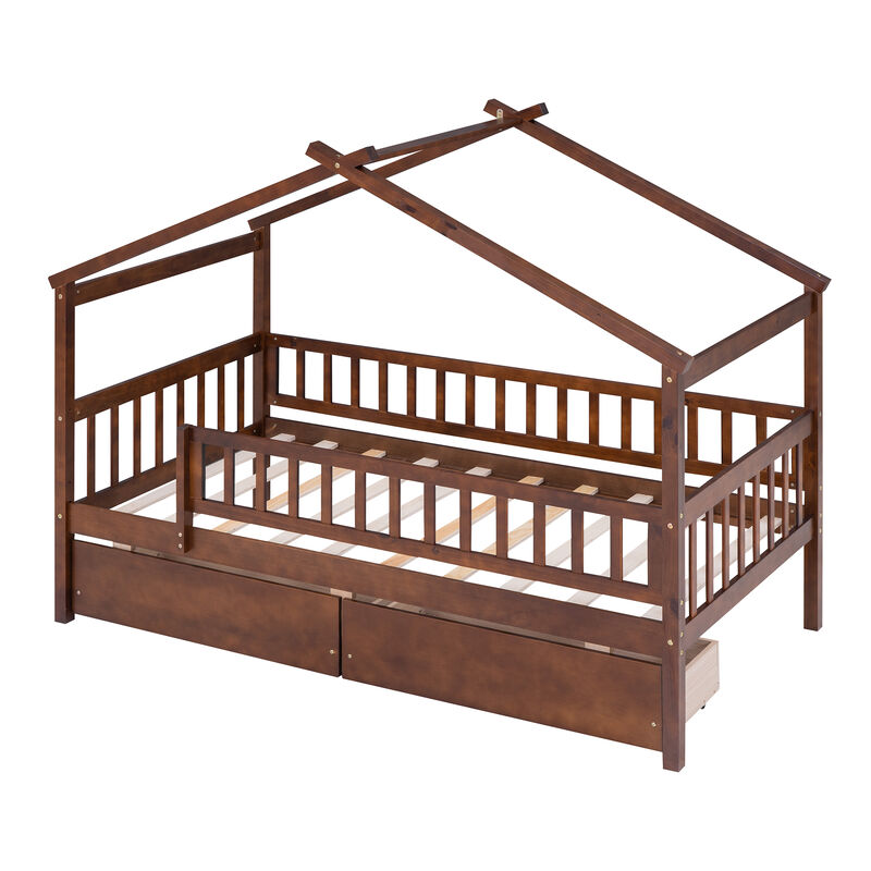 Streamdale Twin Size Wooden House Bed With Two Drawers, Walnut