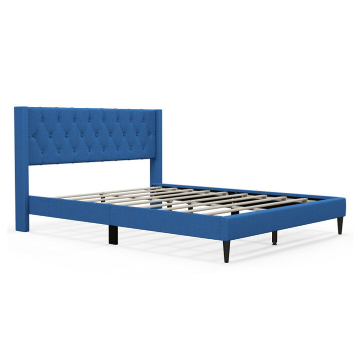 Queen Size Upholstered Platform Bed with Button Tufted Wingback Headboard-Blue