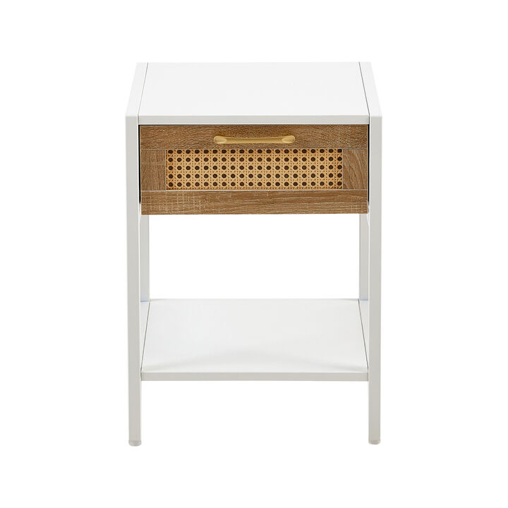 Streamdale Modern Rattan End Table with Drawer, Metal Legs in White
