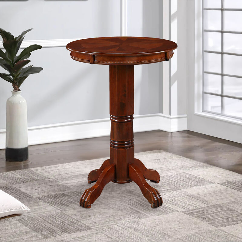 Ava 42 Inch Wood Pub Bar Table, Sunburst Design, Carved Pedestal, Dark Brown-Benzara