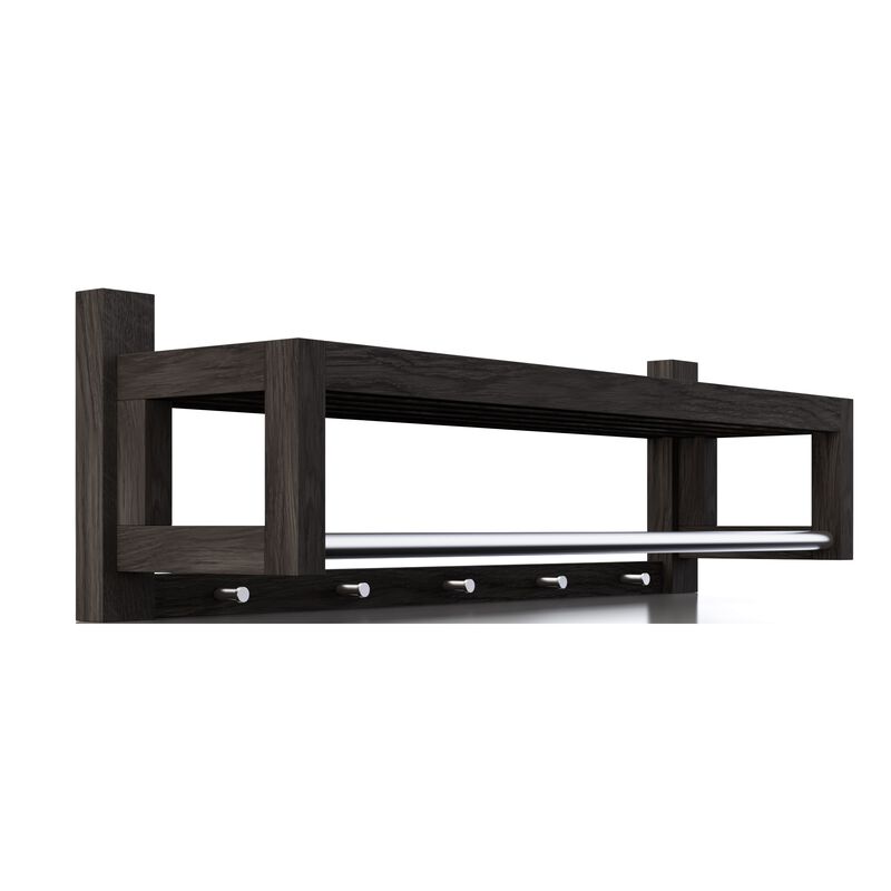 Black Hardwood Floating Coat Rack - Wall Mounted with Shelf, Metal Rail and 5 Hooks