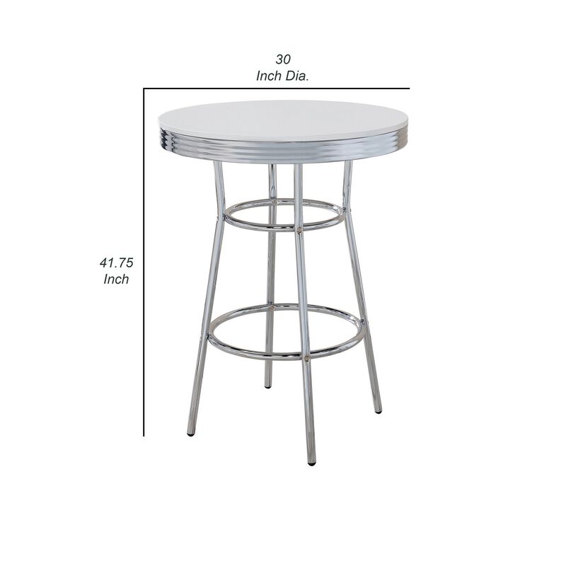 42 Inch Round Bar Table, Ribbed Apron, Glossy White Lacquer, Retro Style - Benzara