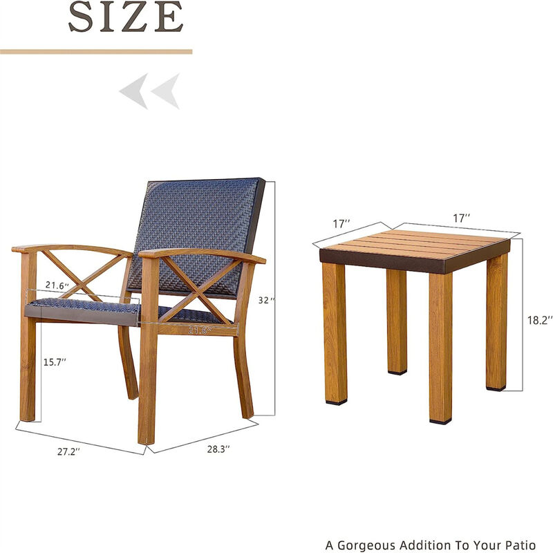 3-Piece Patio Bistro Set with Wood Grain Aluminum Wicker & Beige Sunbrella Pillows