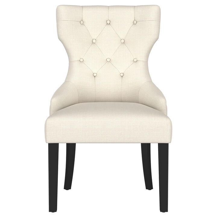 Aney Dining Side Chair, Curved Barrel Design, Beige Fabric, Black Wood - Benzara