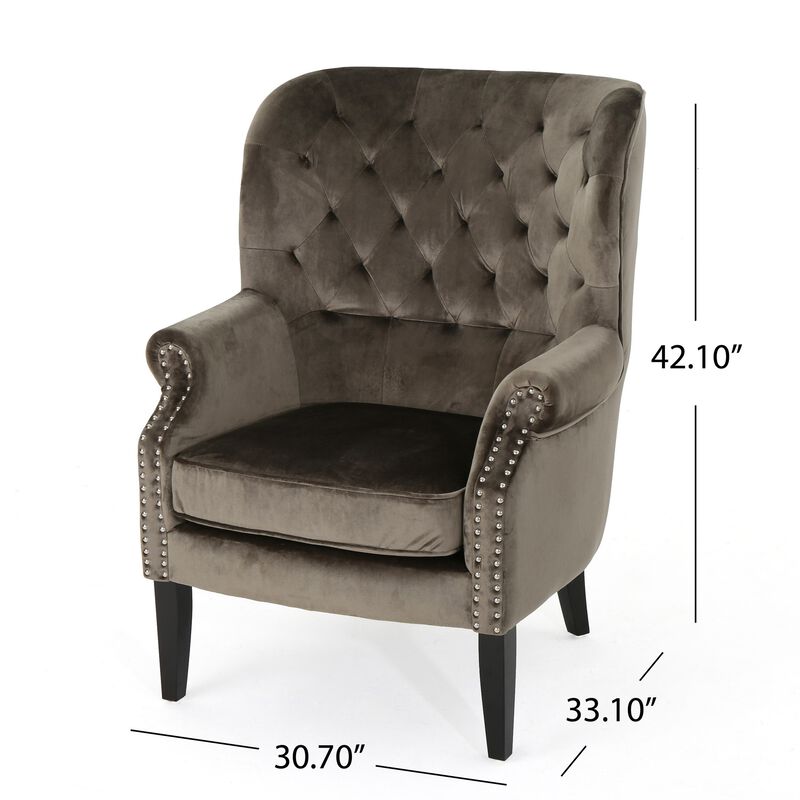 Nire Accent Club Chair, Nailhead Trim, Brown Birch Wood, Gray Velvet - Benzara