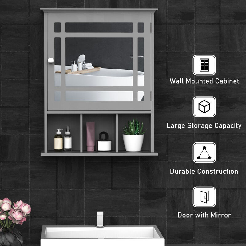 Gray Wall Organizer: Mounted Cabinet with Mirror Door and Shelves