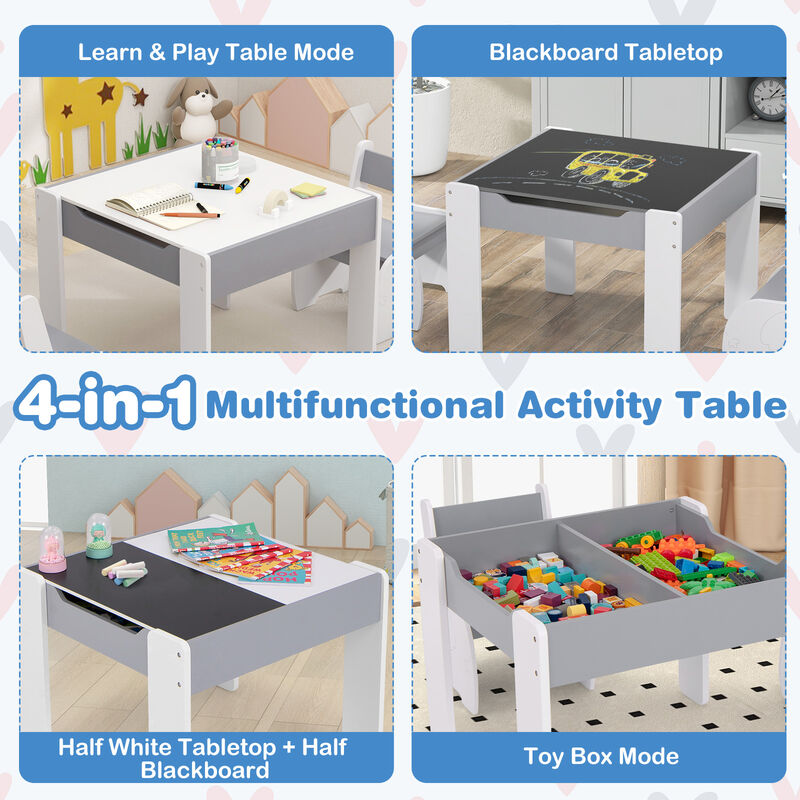 4-in-1 Wooden Activity Kids Table and Chairs with Storage and Detachable Blackboard