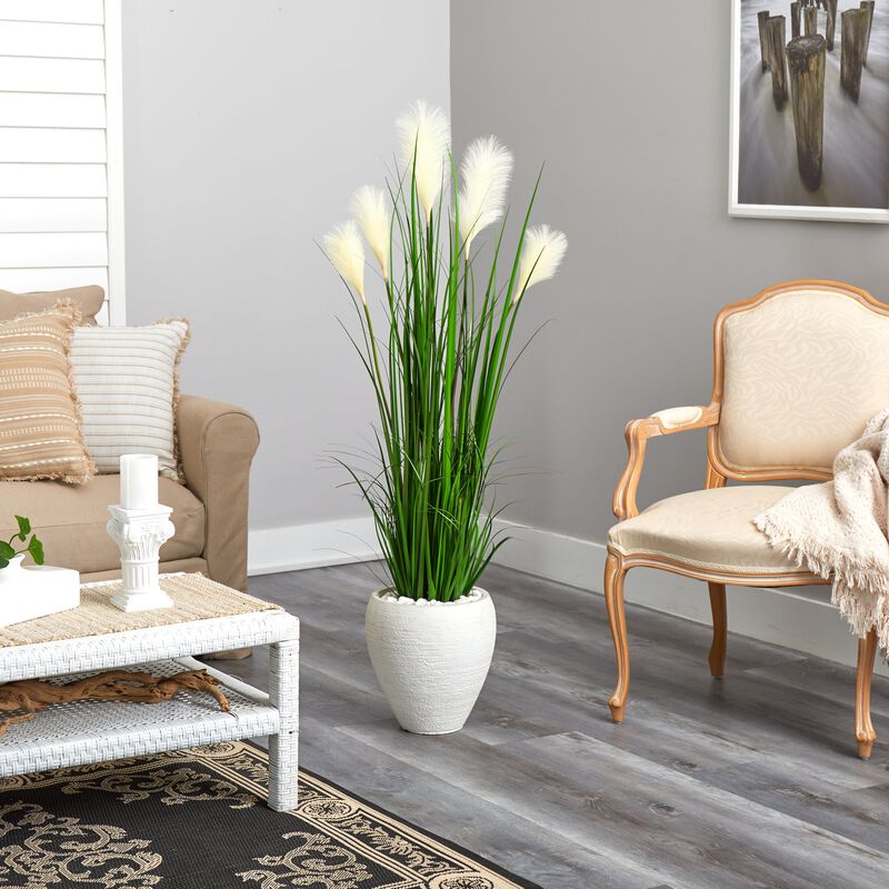 Hivvago 4.5" Wheat Plum Grass Artificial Plant in White Planter