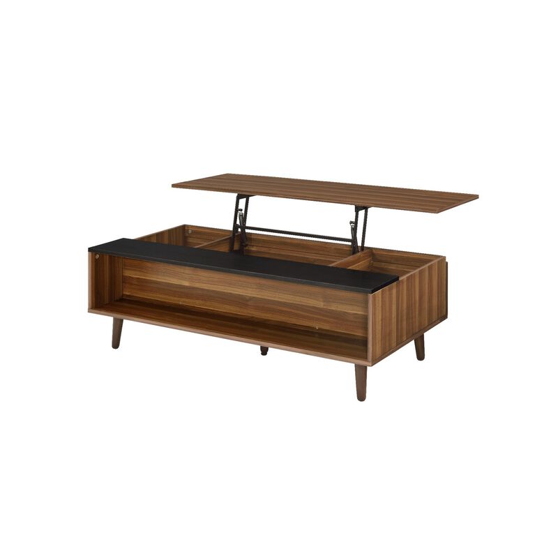 Wooden Coffee Table with Lift Top Storage and 1 Open Shelf, Walnut Brown-Benzara
