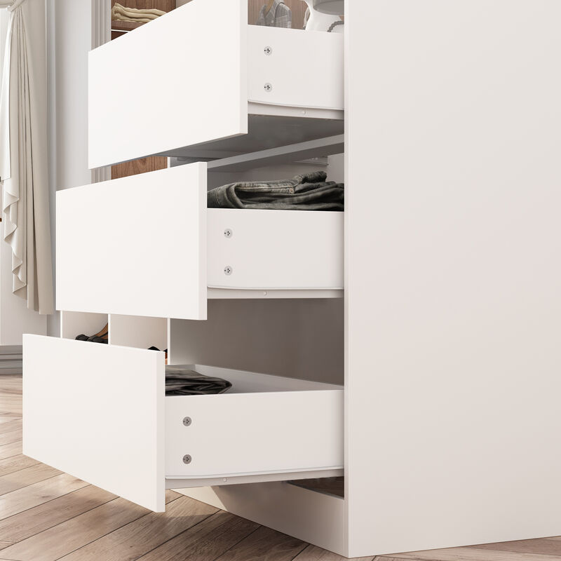 Armoire Bedroom Island Wardrobe Closet Island with 9 Drawers & Glass Tabletop, Island Dresser with Cushion Bench, Closet Island for Bedroom Cloakroom White (47.2”W x 27.5”W x 31.5”H)