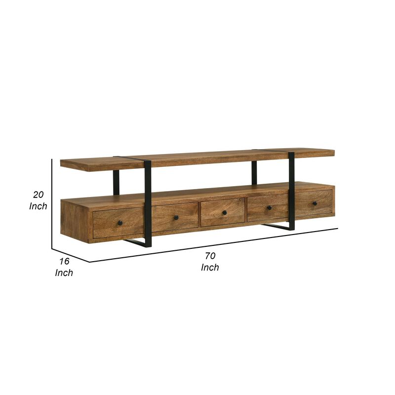 70 Inch TV Media Entertainment Console with 4 Drawers, Mango Wood, Brown - Benzara