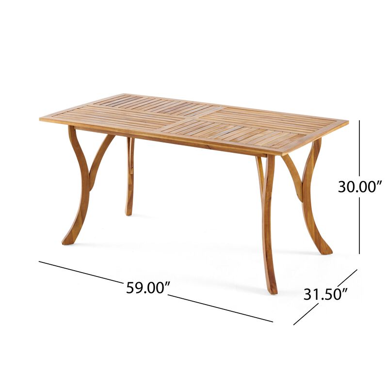 Olen Outdoor Dining Table, Slatted Rectangular 59 Inch, Brown Wood - Benzara