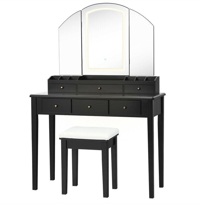 Vanity Table Stool Set with Large Tri-Folding Lighted Mirror for Bedroom or Dressing Area