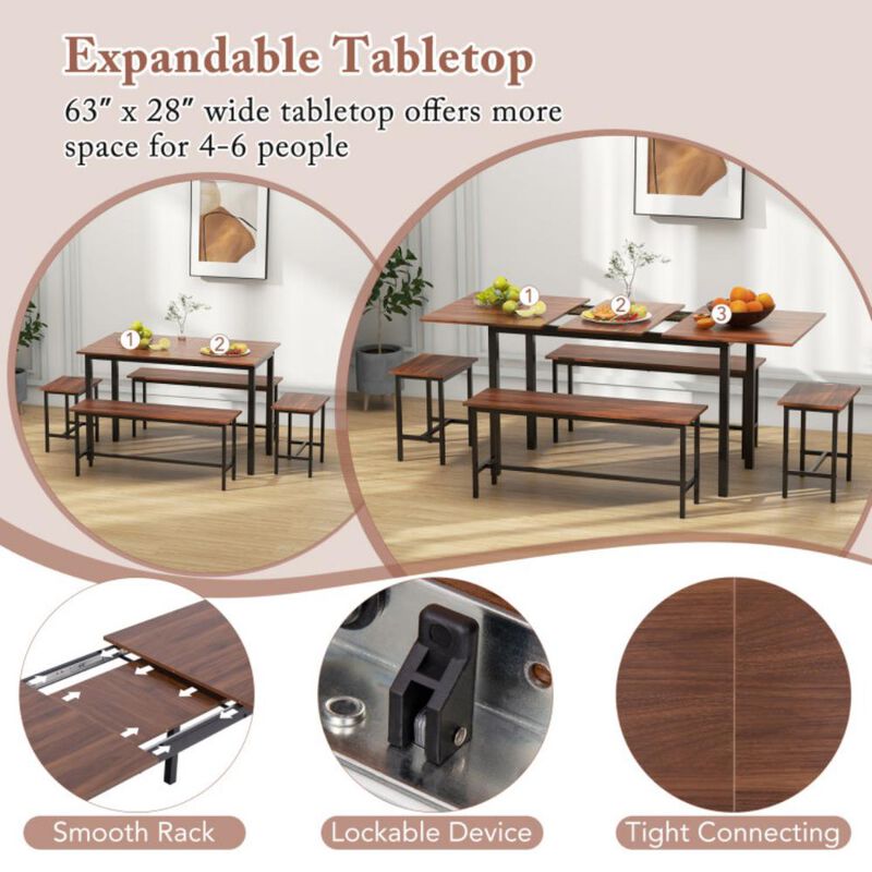 5 Piece Dining Table Set for 4-6 with 2 Benches & 2 Stools for Kitchen Dining Room