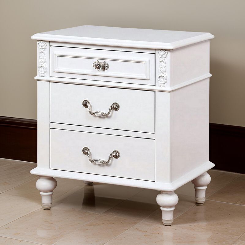 Nightstand with 3 Drawers and Built In USB Port, White-Benzara