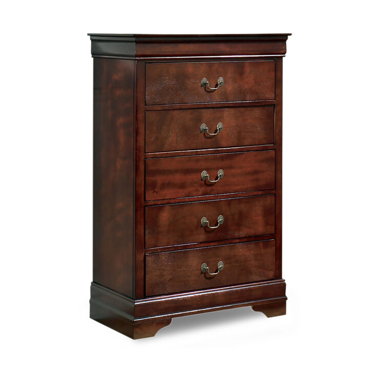 Deyr Tall Dresser Chest, 5 Drawer Bronze, Louis Philippe Molding Brown - Benzara