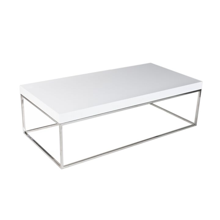 Zen 48 Inch Coffee Table, Rectangular White Lacquer Top, Chrome Steel Frame - Benzara