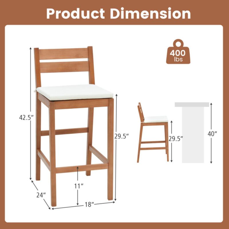 Hivvago Set of 2 Outdoor Wood Barstools with Soft Seat Cushion-Off White