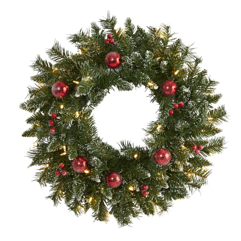 Hivvago 24" Frosted Artificial Christmas Wreath with 50 Warm White LED Lights, Ornaments and Berries
