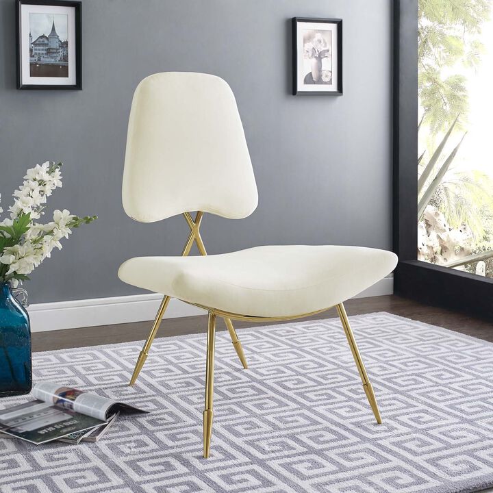 Modway Ponder Performance Velvet Upholstered Modern Lounge Accent Chair in Ivory with Gold Stainless Steel Legs
