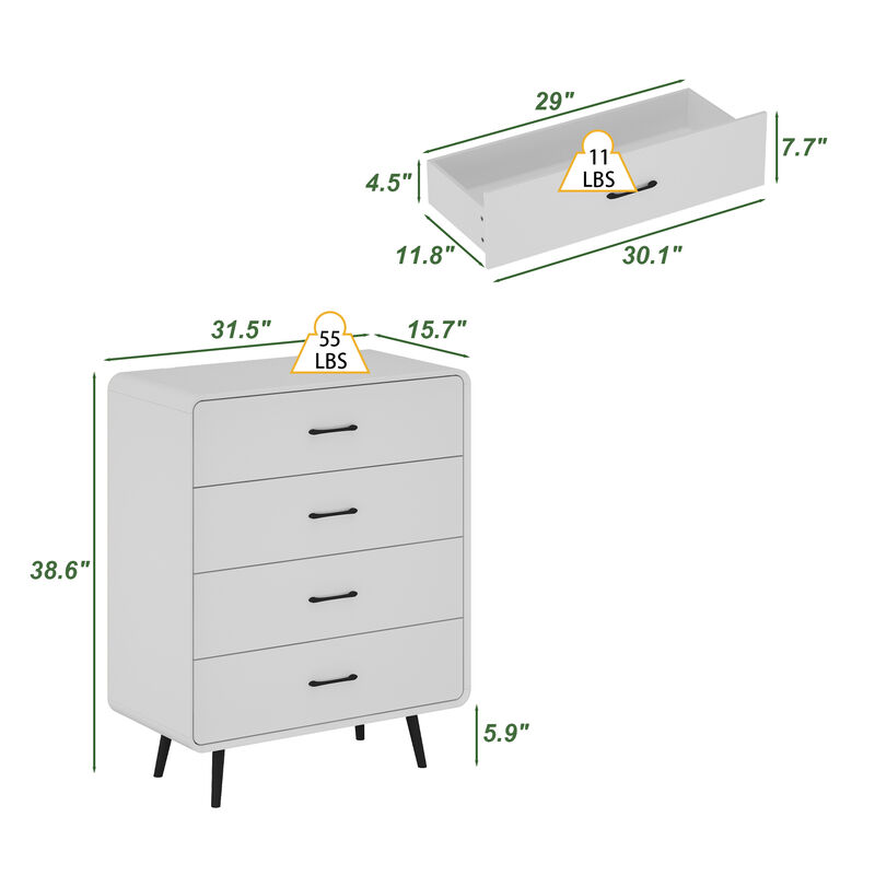FUFU&GAGA Modern 4-Drawer Dresser with Sleek Black Handles & Legs (31.5" W x 15.7" D x 38.6" H), White
