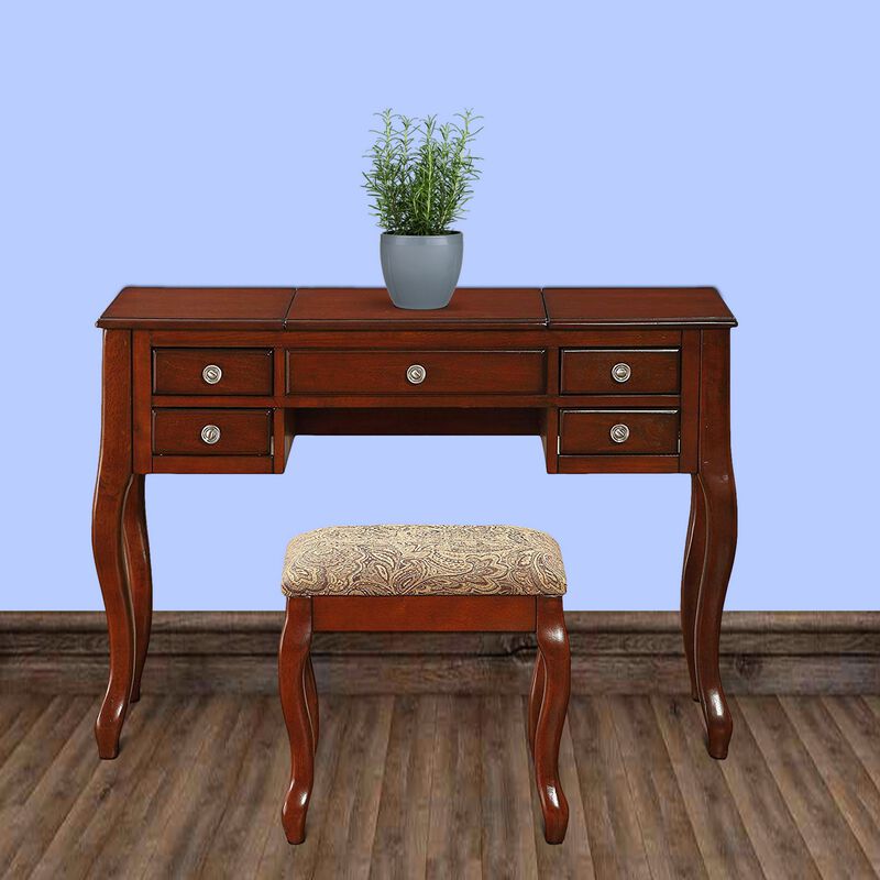 Cherub Vanity Set Featuring Stool And Mirror Cherry Brown-Benzara