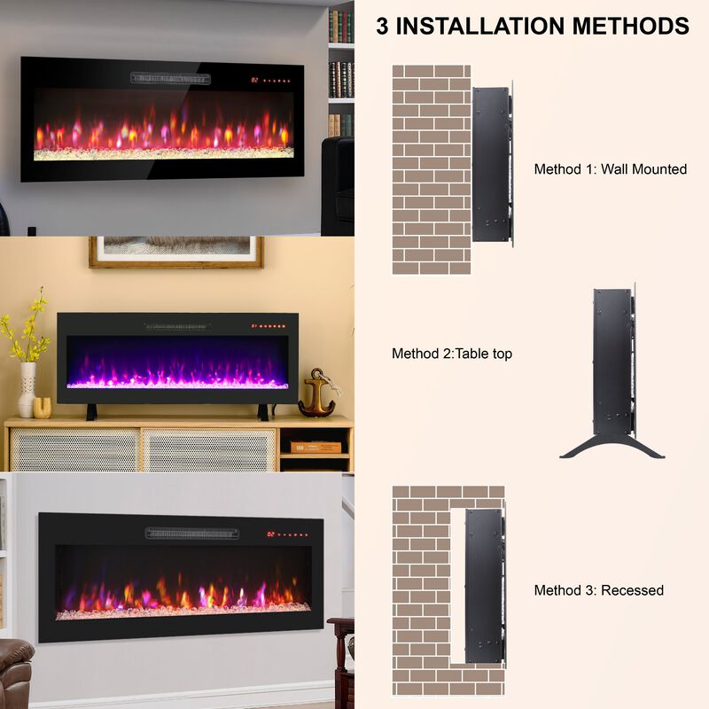 MONDAWE 36 Inch Recessed Ultra Thin Tempered Glass Front Wall Mounted Electric Fireplace With Remote And Multi Color Flame & Emberbed, LED Light Heater