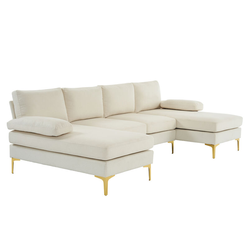 4-Seater U-Shaped Indoor Modular Sofa, Linen Seat with Wooden & Iron Frame, Gold Feet