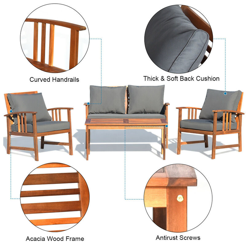 4 Pieces Wooden Patio Furniture Set Table Sofa Chair Cushioned Garden