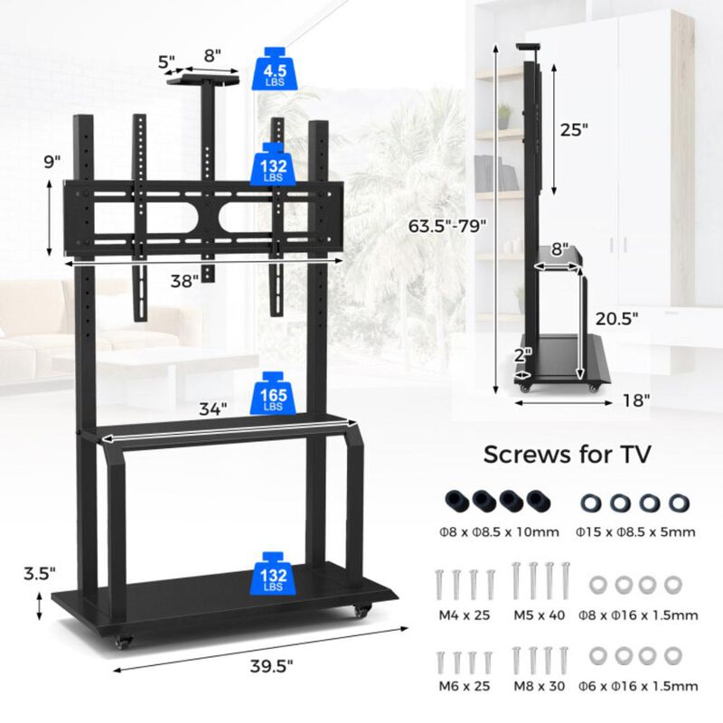 Hivvago Mobile TV Stand with Camera Shelf and AV Shelves for 32-80 Inch Flat/Curved TVs