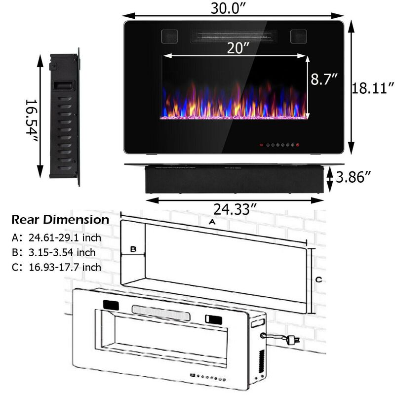 Recessed Ultra Thin Electric Fireplace Heater with Glass Appearance