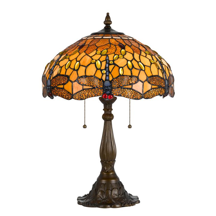 2 Bulb Tiffany Table Lamp with Dragonfly Design Shade, Multicolor-Benzara