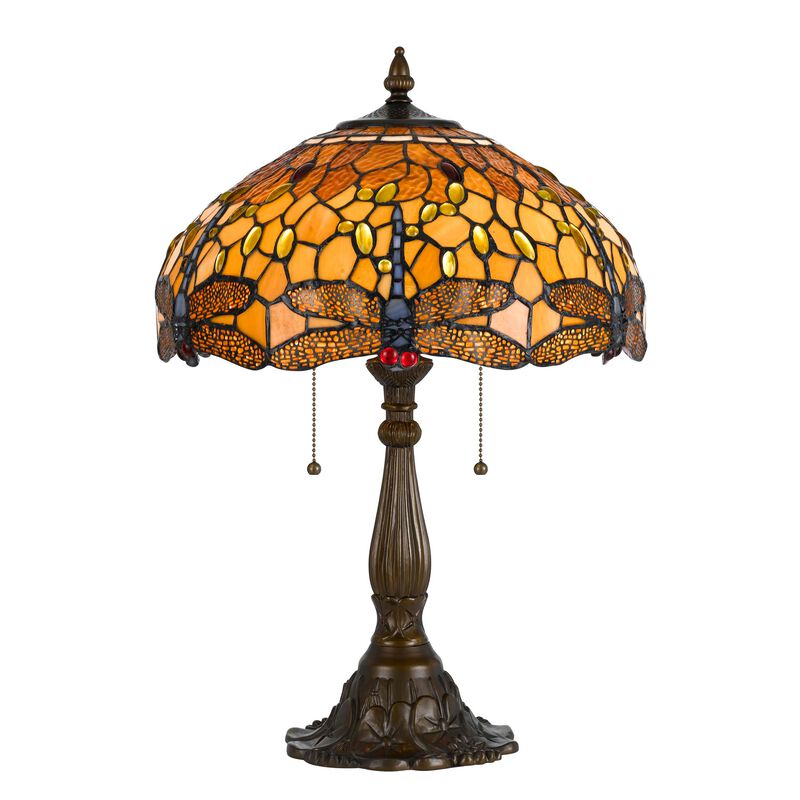 2 Bulb Tiffany Table Lamp with Dragonfly Design Shade, Multicolor-Benzara