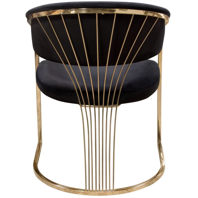 Emy 26 Inch Cantilever Barrel Dining Chair, Black Velvet Upholstery, Gold - Benzara