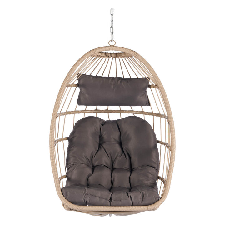 Outdoor Garden Rattan Egg Swing Chair Hanging Chair Wood &Dark Gray