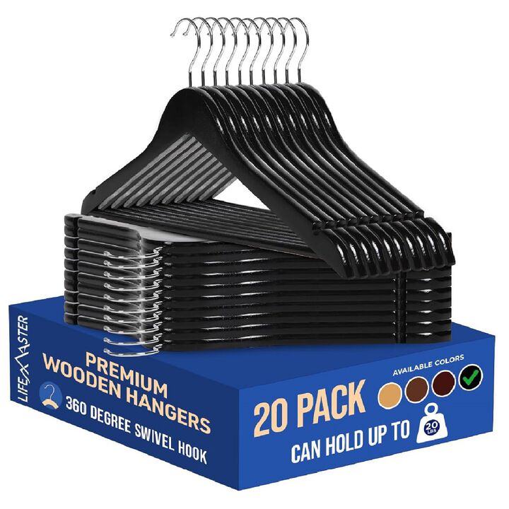 Wooden Hanger Set - 20 Pieces Non-Slip Versatile Closet Space-Saving Hanger Set for Suit, Coat, Camisole, Jacket, Pants, and Dresses with 360° Swivel Hook - Black