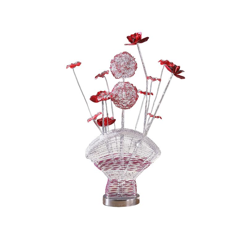 Accent Table Lamp, LED, Red Roses Fan Crystal Vase, Chrome 22 Inch - Benzara