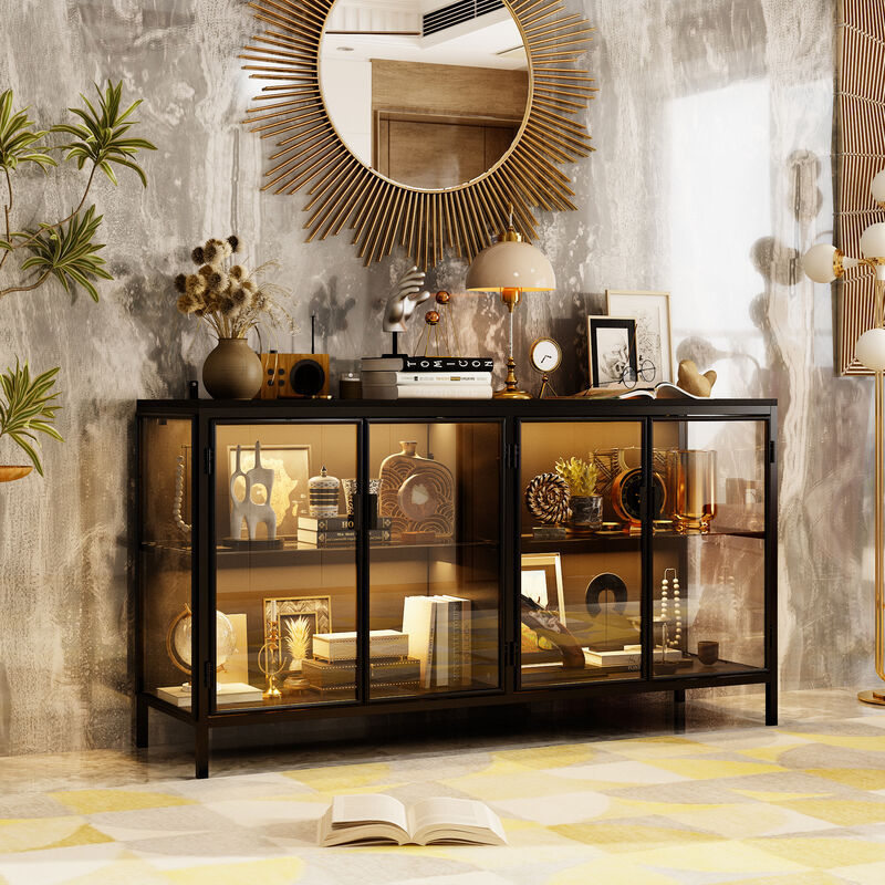FUFU&GAGA  Modern Industrial Black Metal & Glass Storage Cabinet – 4-Door Tempered Glass Display with Sturdy Wood Shelves, (55.1" W x 15.7" D x 29.5" H), Black