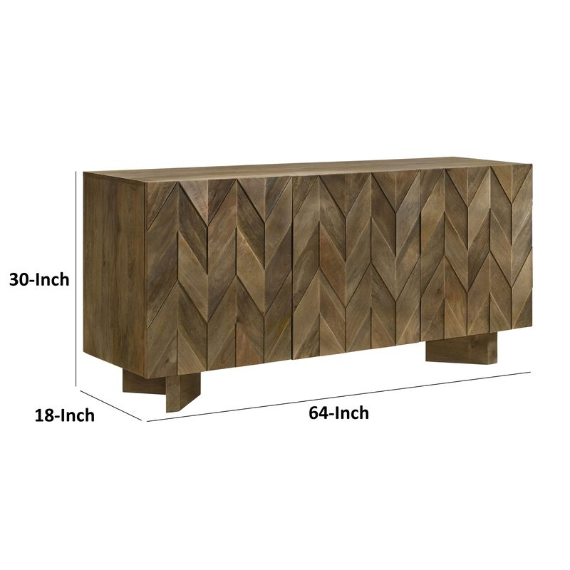 64 Inch Dining Sideboard Server, 2 Cabinets, Chevron Pattern, Mango Brown - Benzara