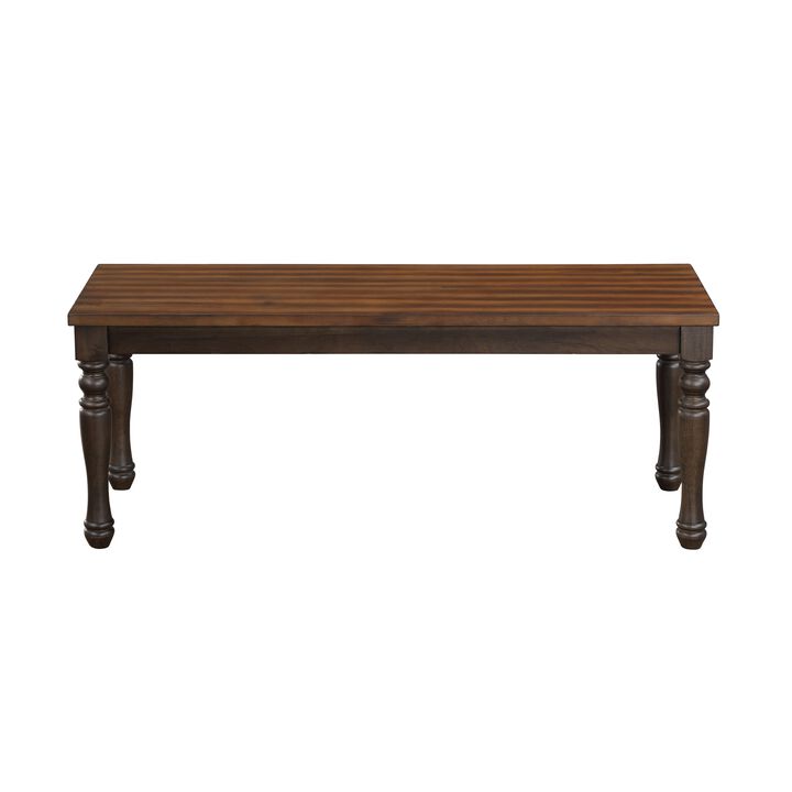 May 48 Inch Two Tone Dining Bench, Turned Legs, Rich Brown Wood Finish - Benzara